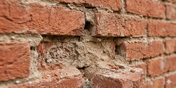 Crumbling mortar between brick joints