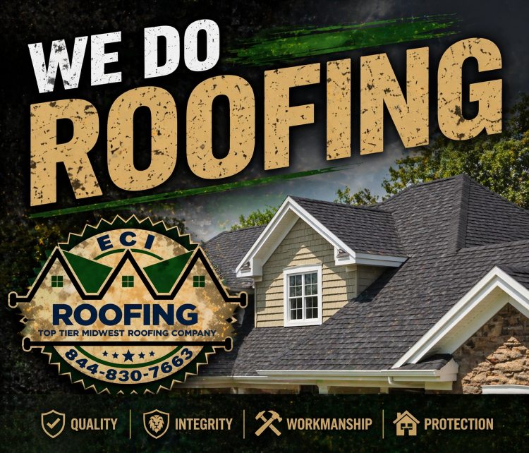new ECI: Roofing Tuckpointing Stone Gutters Co. logo on top of graphic of lightning bolts and tornadoes