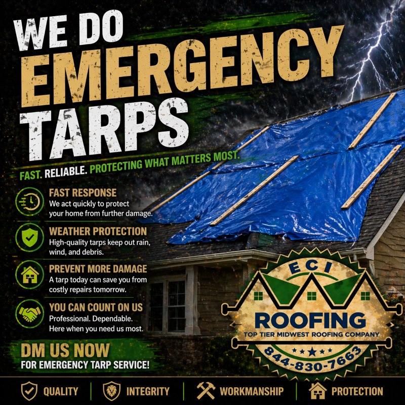 Emergency roof tarp installation by ECI: Roofing Tuckpointing Stone Gutters Co.