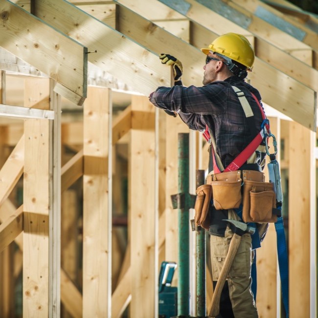 A home builder hammering a wooden frame on a home
