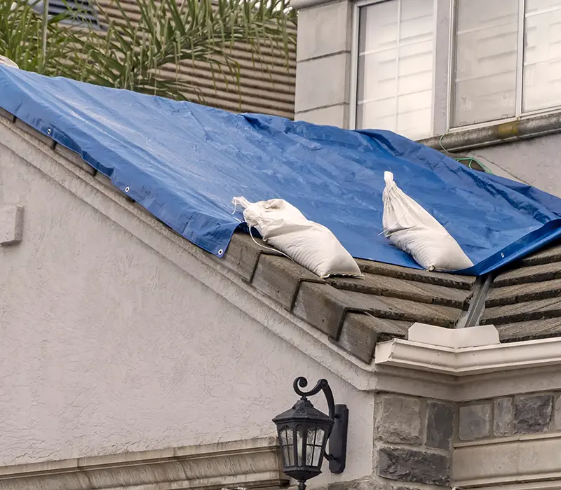 Blue tarp over roof