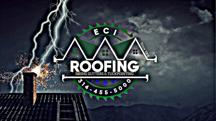 new Enterprise Contracting, Inc logo on top of graphic of lightning bolt striking a residential home chimney with a ladder on the roof